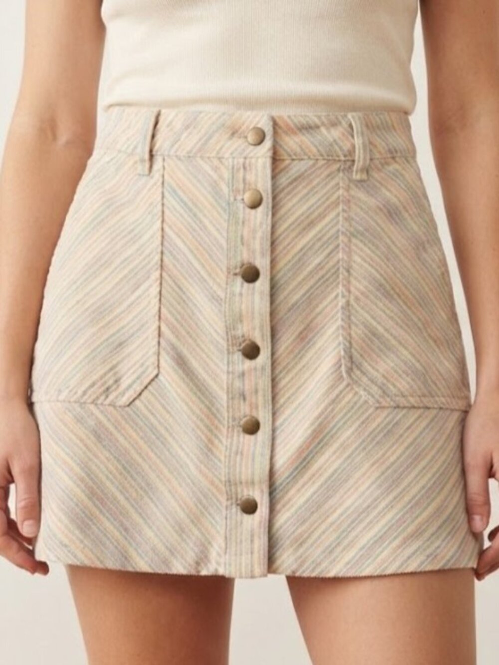 Anthropologie Pastel Striped Button-Front Mini Skirt